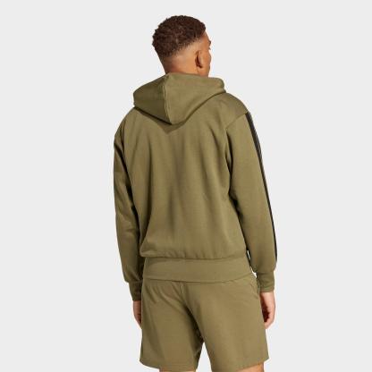 Men's adidas Essentials 3-Stripes Fleece Full-Zip Hoodie - Olive Strata/Black
