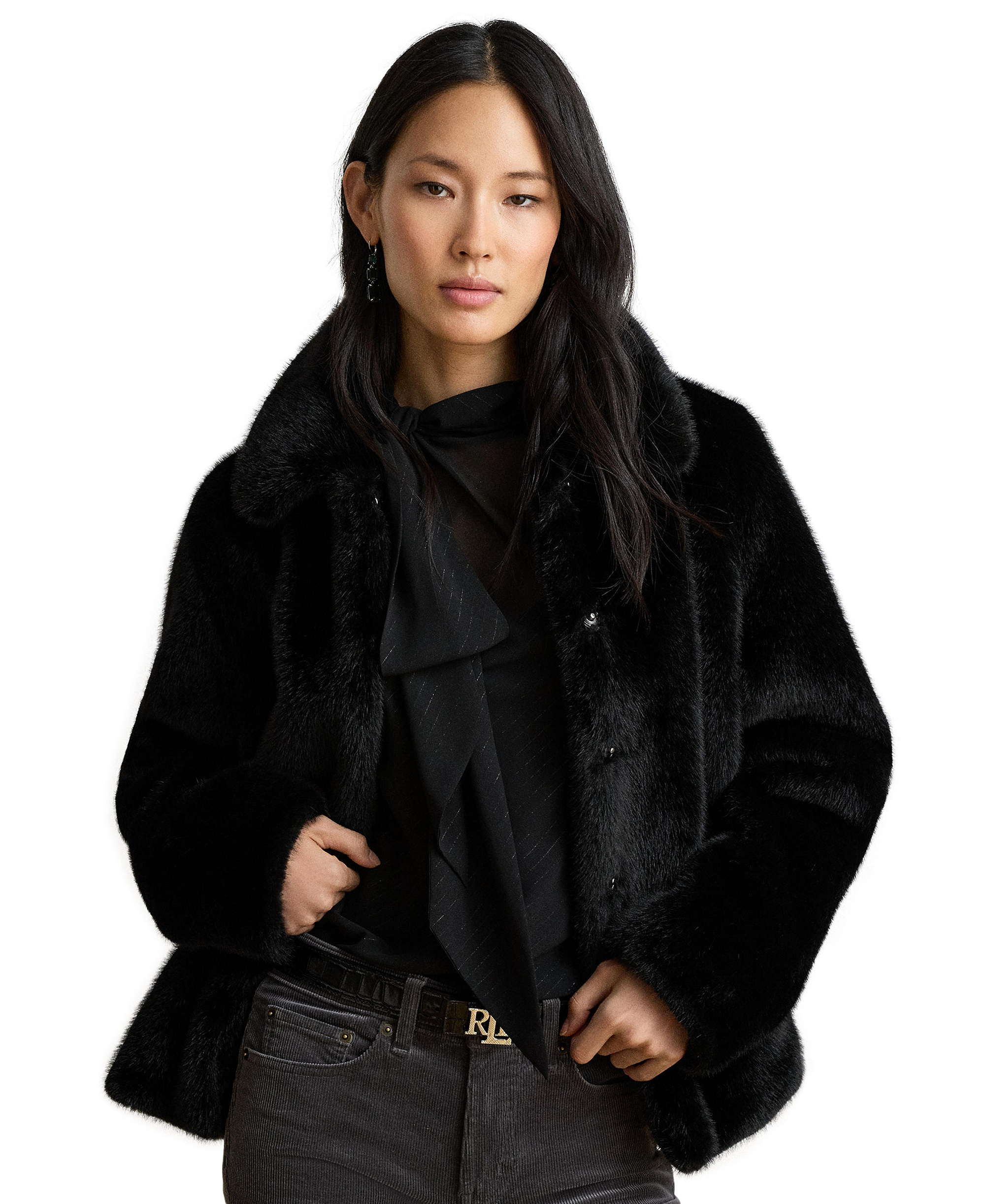 Lauren Ralph Lauren Women's Faux-Fur Collared Lined Coat - Black