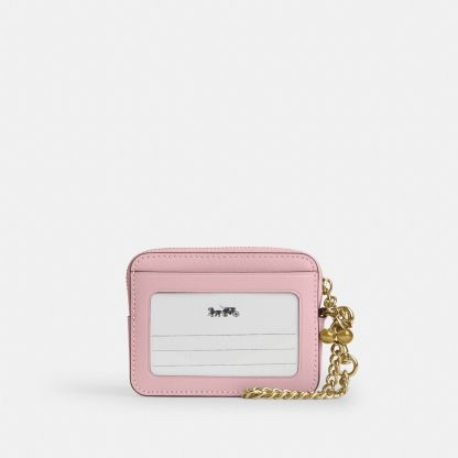 Zip Card Case In Signature Denim With Charm - Gold/Light Pink - view 2