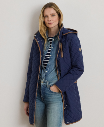 Lauren Ralph Lauren Womens Hooded Quilted Faux-Suede-Trim Coat - Summer navy
