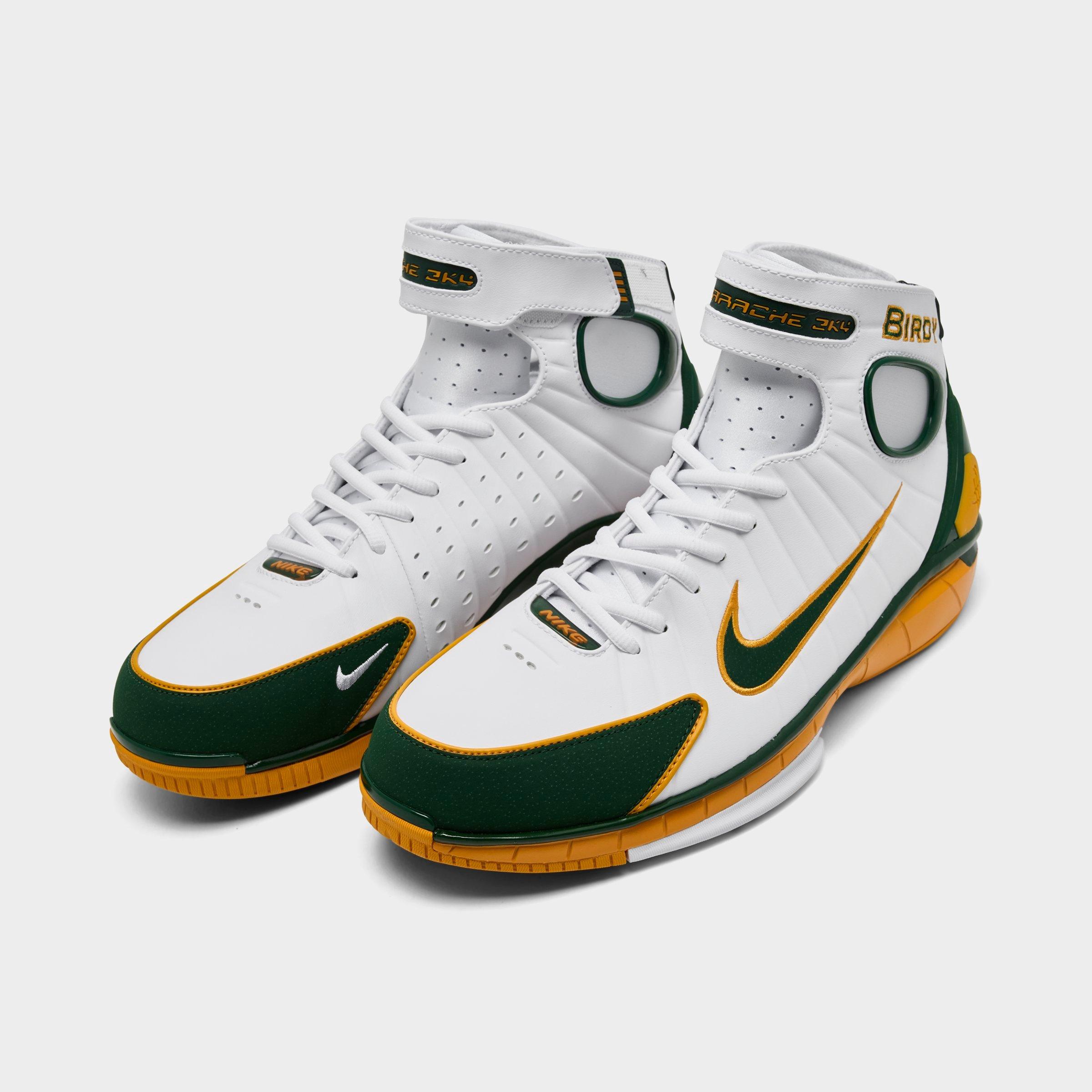 Men's Nithtke Air Zoom Huarache 2K4 PE Penny Hardaway Basketball Shoes - White/Deep Forest/Canyon Gold - Both shoes facing left