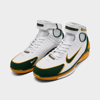 Men's Nithtke Air Zoom Huarache 2K4 PE Penny Hardaway Basketball Shoes - White/Deep Forest/Canyon Gold - Both shoes facing left
