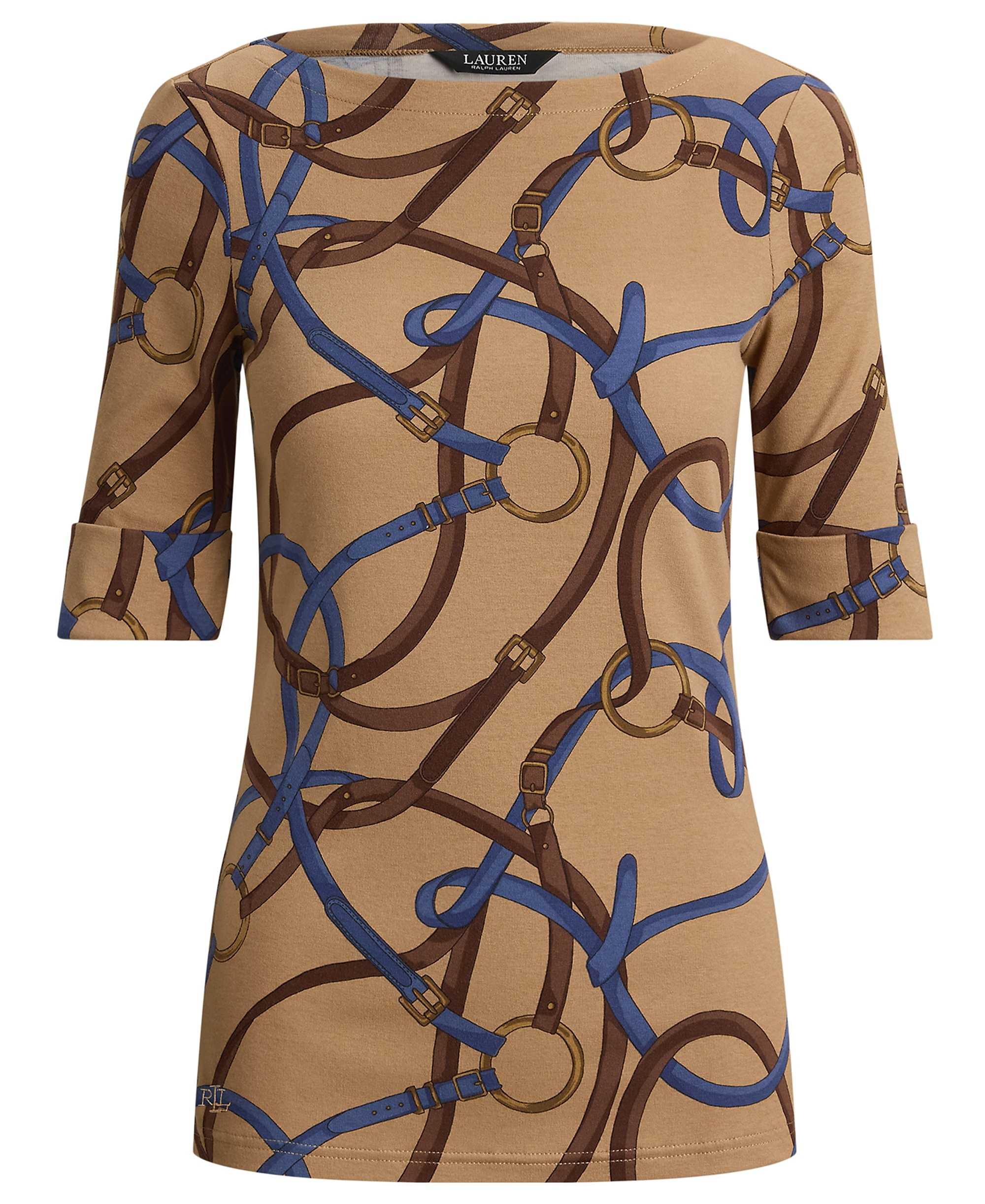 Lauren Ralph Lauren Women's Belting Print Boat Neck Top - Camel Multi