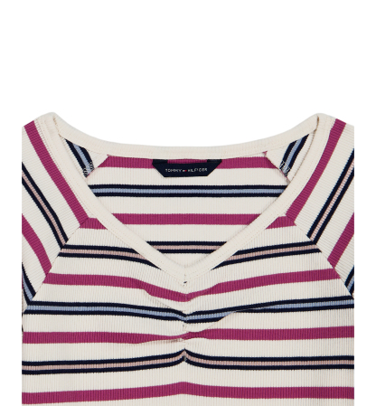 Tommy Hilfiger Girls' 7-16 Striped Ribbed V-Neck Short-Sleeve Top - Natural