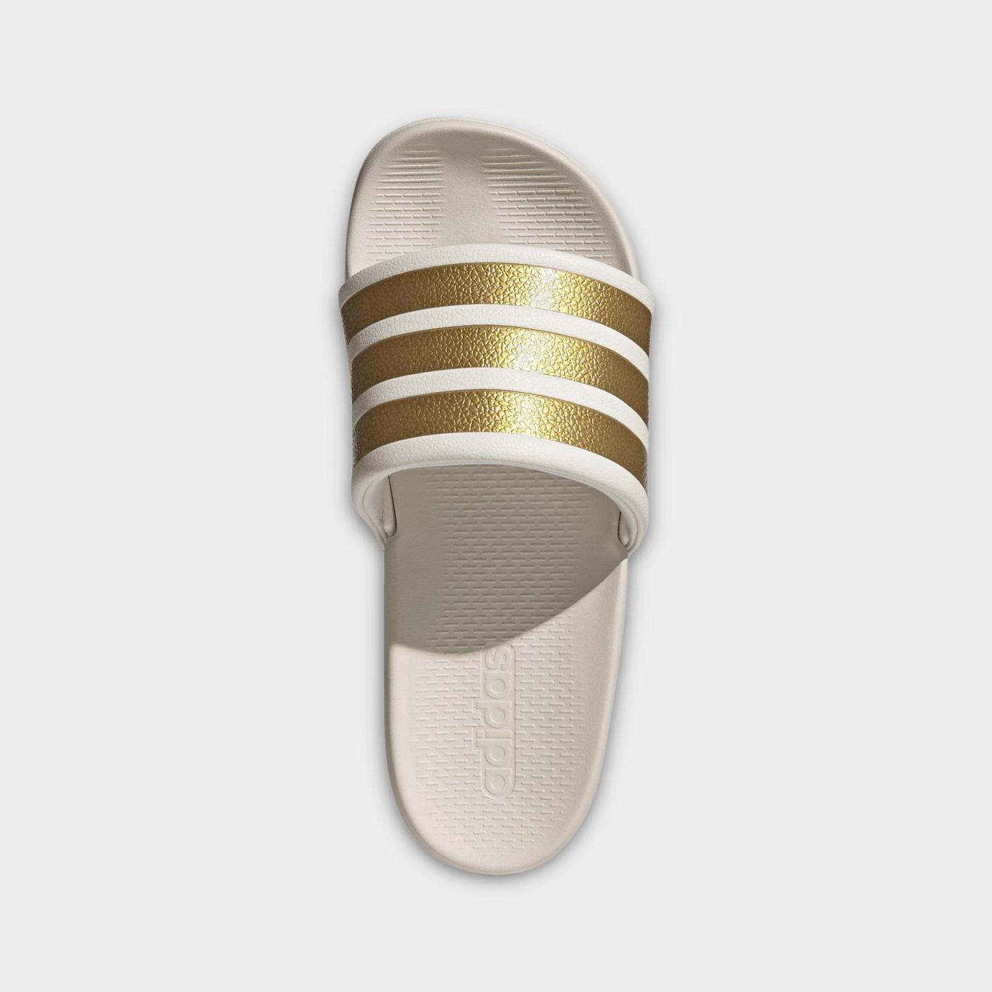 Women's adidas Adilette Comfort 2.0 Slide Sandals - Off White/Gold Metallic/Chalk White - Top view