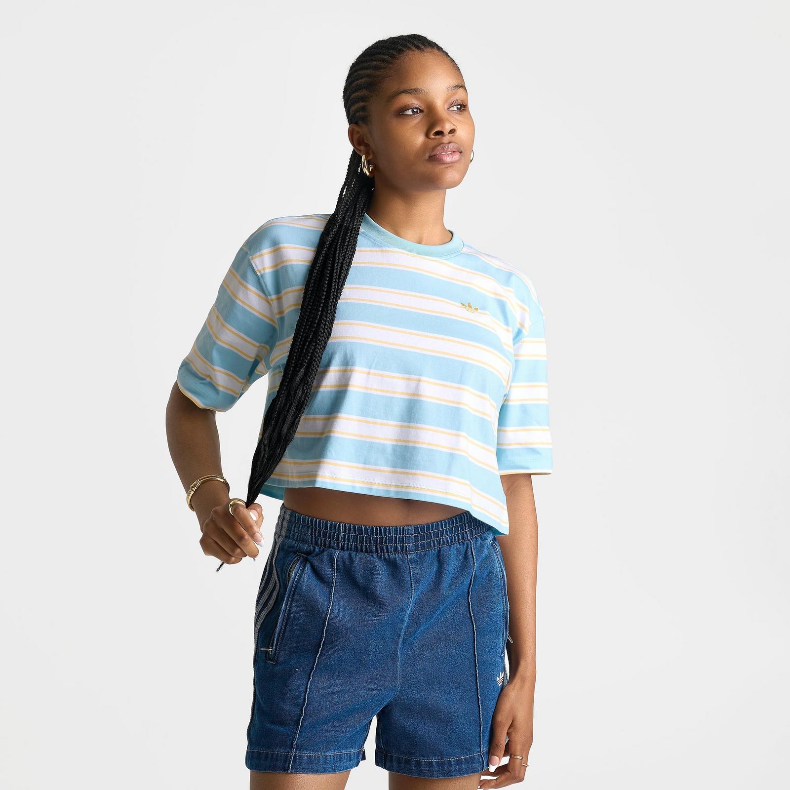 Women's adidas Originals Striped Oversized Cropped T-Shirt - Icey Blue/Orange Tint - view 3