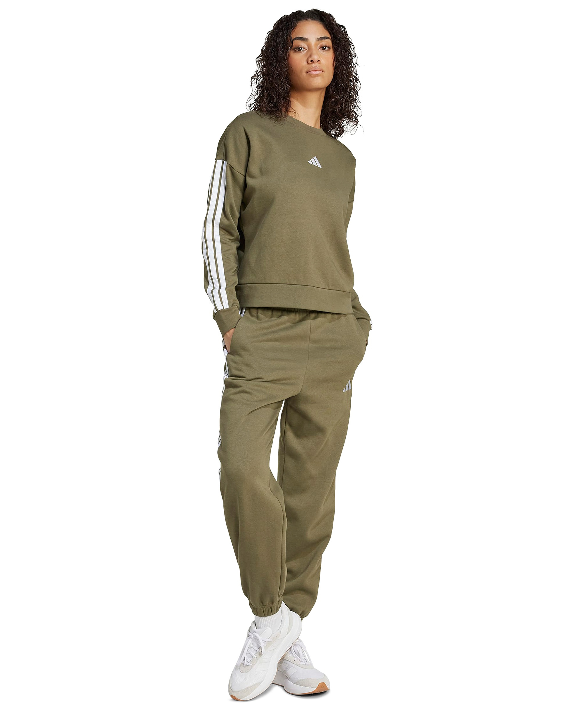 adidas Women's Essentials 3-Stripes Fleece Crew Neck Sweatshirt - Olive Strata