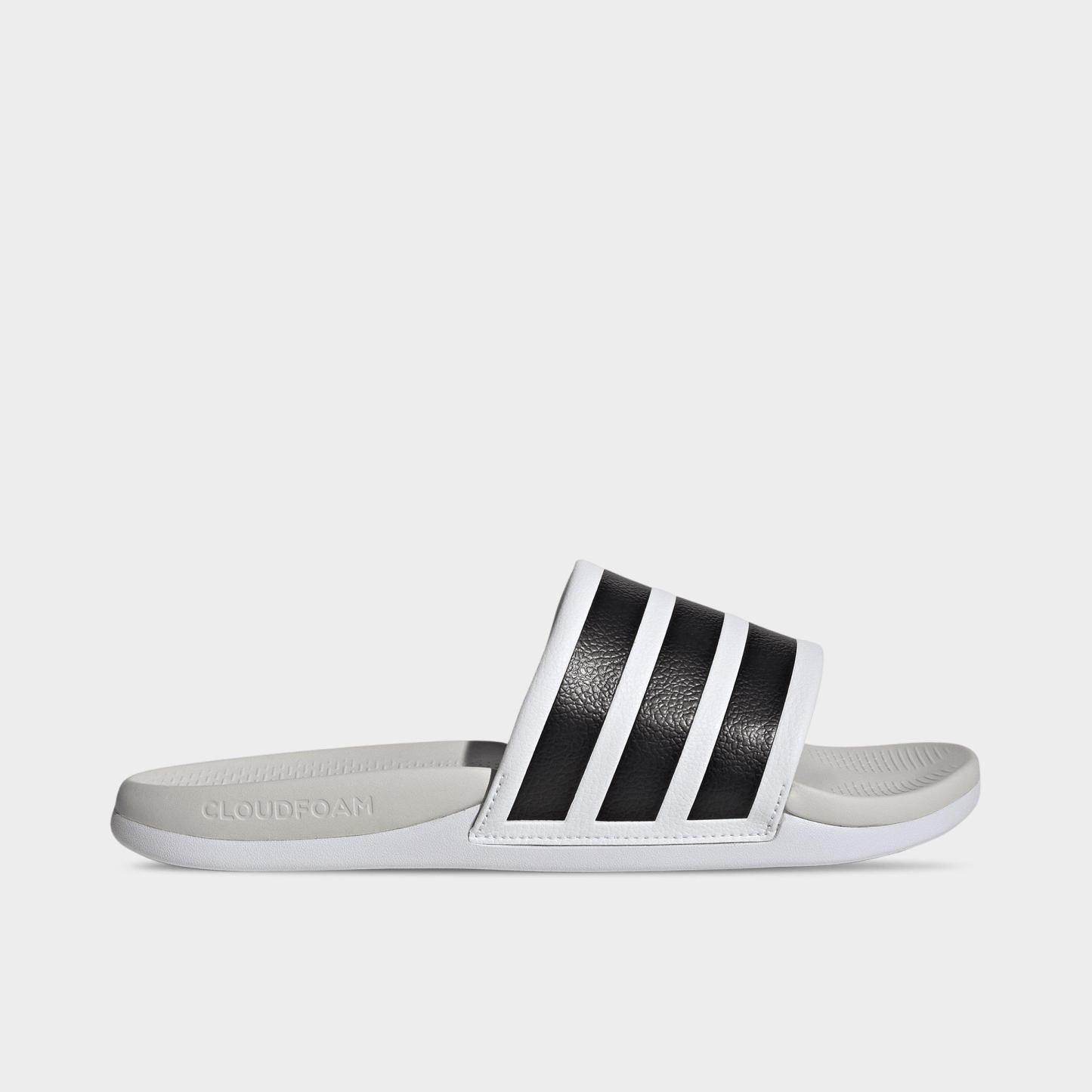 Women's adidas Adilette Comfort 2.0 Slide Sandals - Cloud White/Core Black/Crystal White - Left shoe facing left. Outside of the shoe.