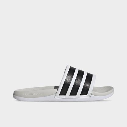 Women's adidas Adilette Comfort 2.0 Slide Sandals - Cloud White/Core Black/Crystal White - Left shoe facing left. Outside of the shoe.