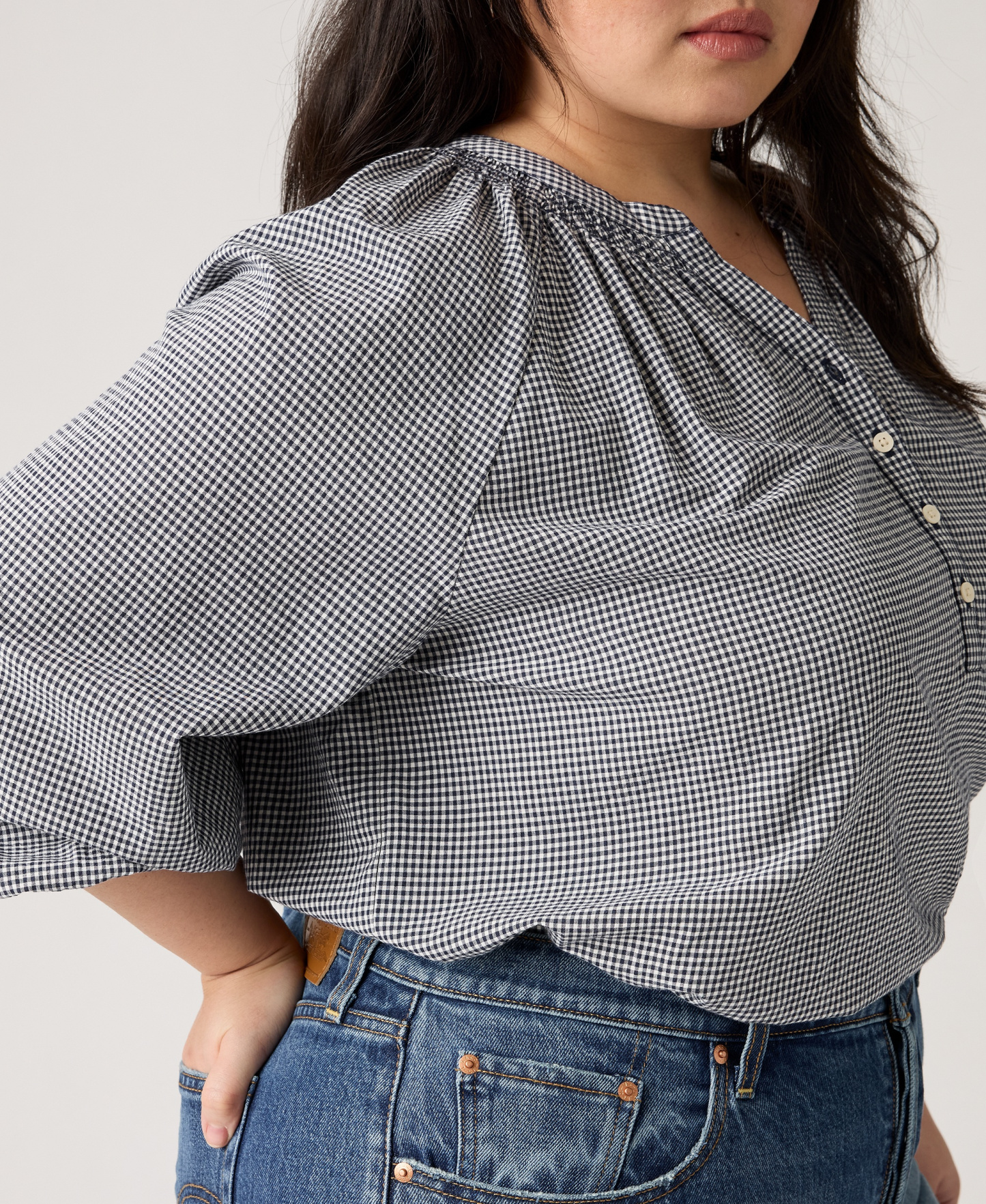 Levi's Women's Reverie Split V-Neck Blouse - Ceicil Even Micro Check Peacoat