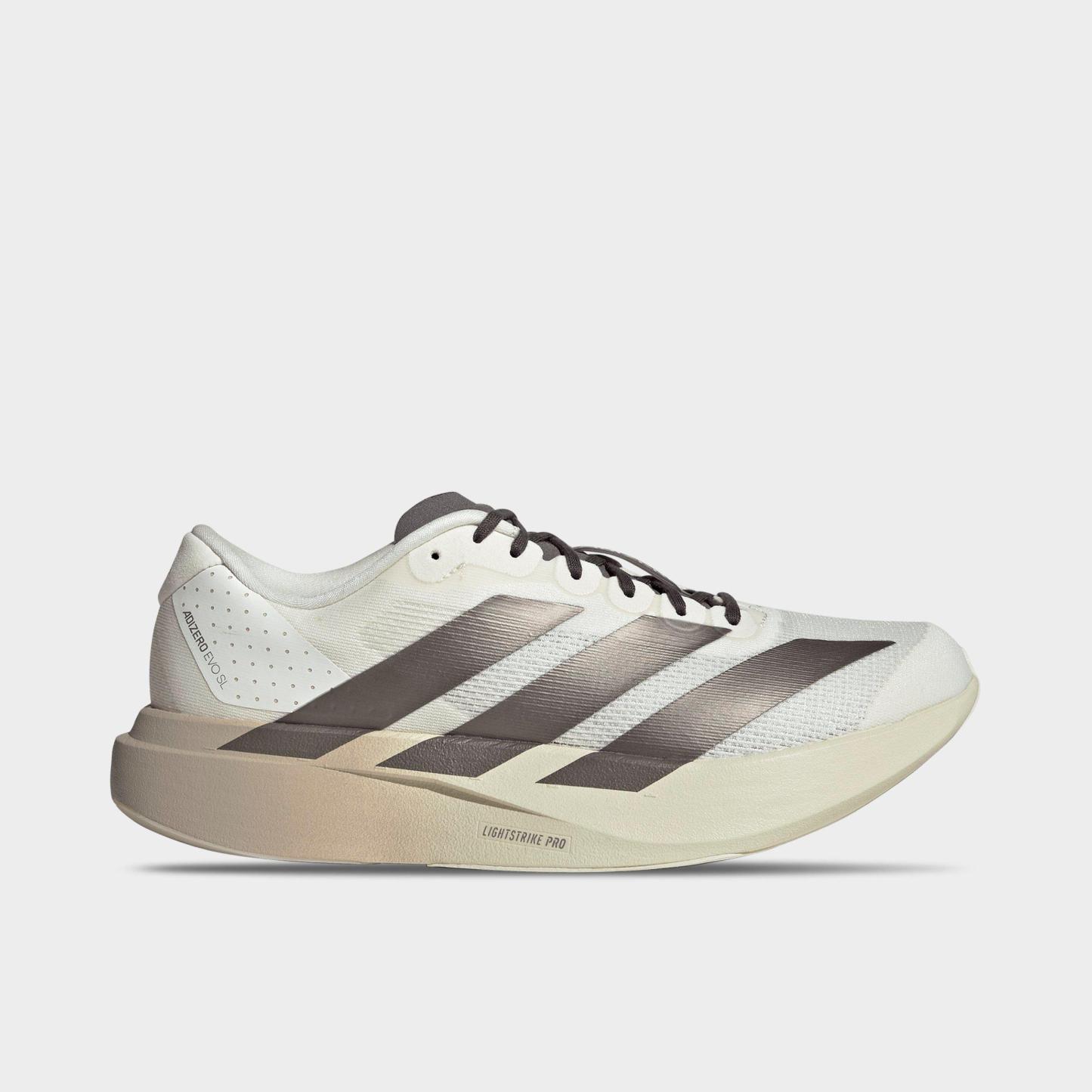 Men's adidas Adizero EVO SL Running Shoes - Part 1 - Off White/Aurora Coffee Metallic/Matte Silver - Left shoe facing left. Outside of the shoe.