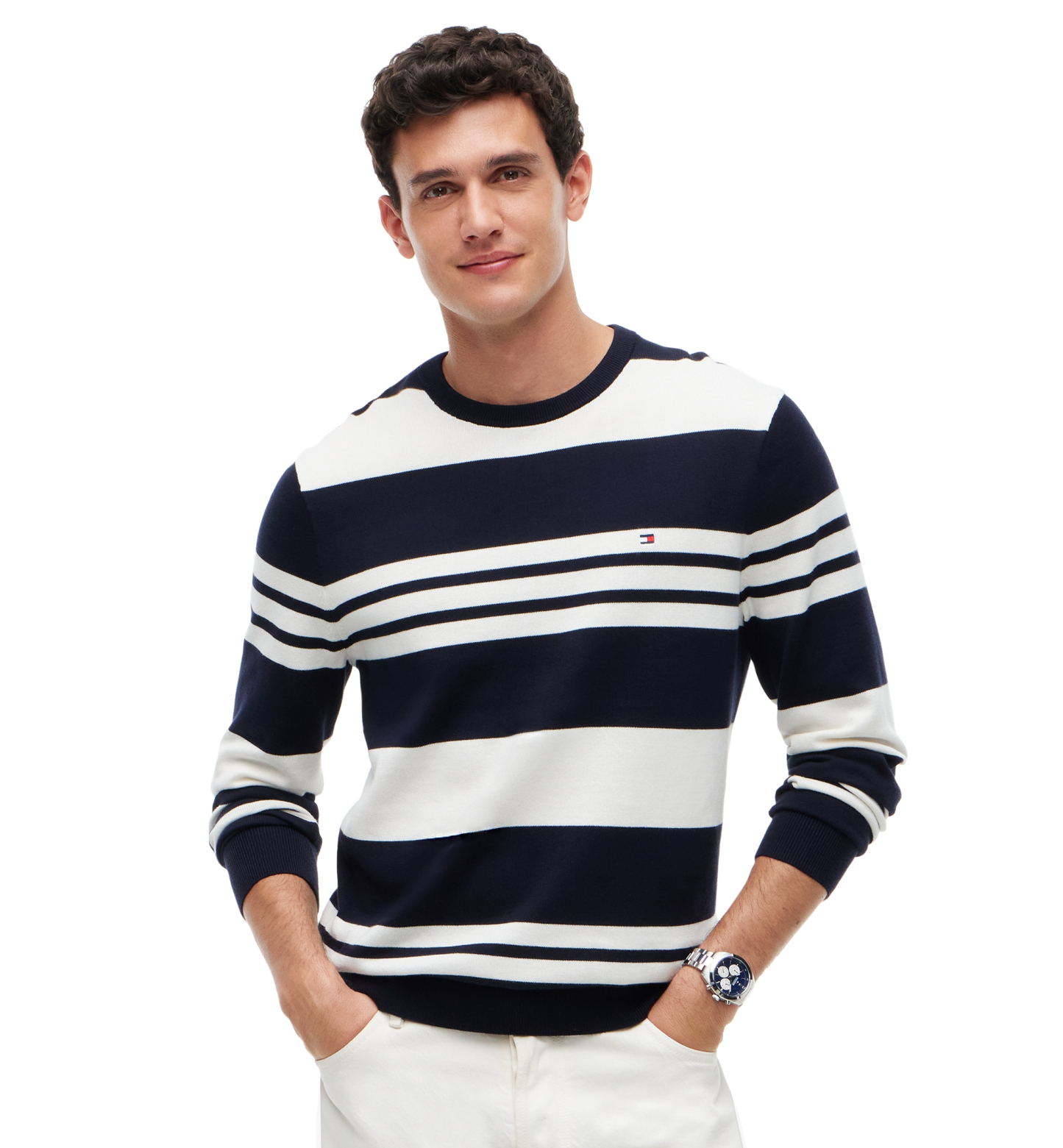 Tommy Hilfiger Men's Essential Cotton Crewneck Sweater - Navy Blue/Ivory Petal