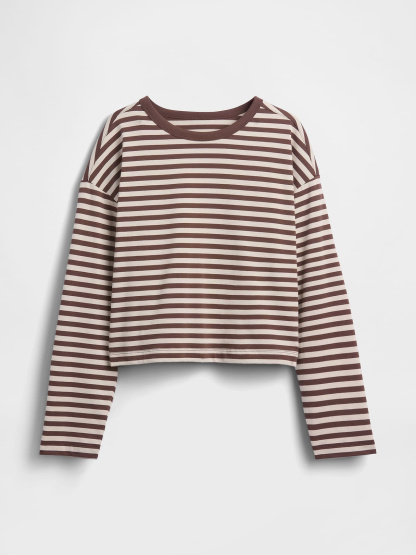 Knit Oversized Crop T-Shirt - Brown stripe