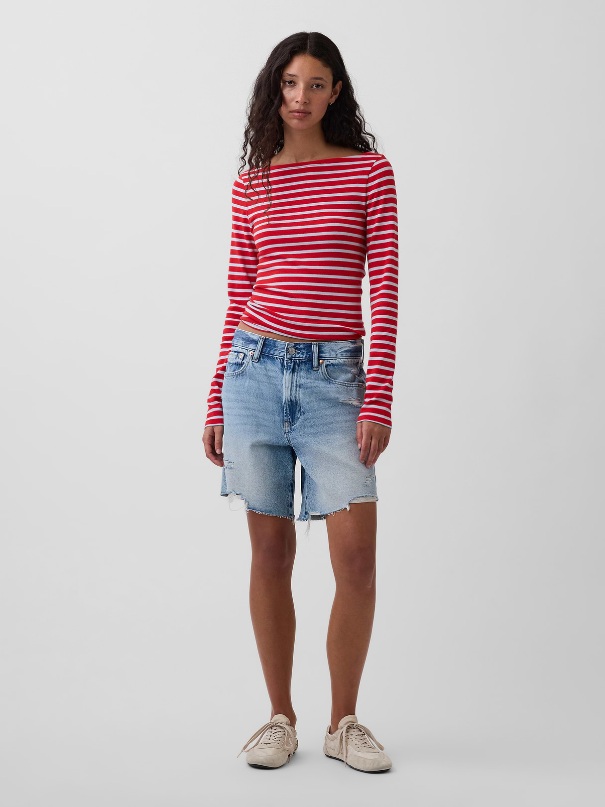 Modern Boatneck T-Shirt - Red & light blue stripe