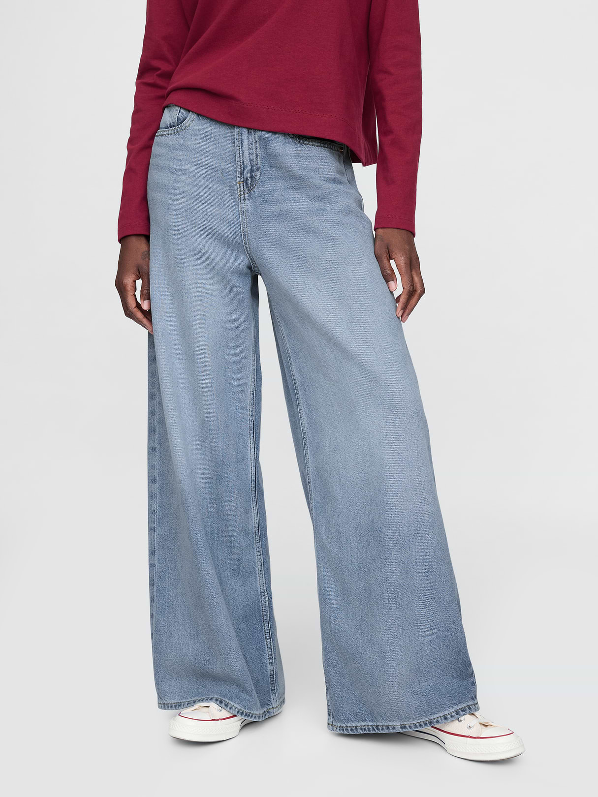 Mid Rise Denim Stripe Baggy Jeans - light indigo