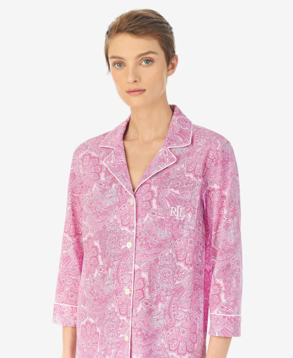 Lauren Ralph Lauren Womens 3/4 Sleeve Cotton Notch Collar Capri Pant Pajama Set - 3/4 Capri Pj