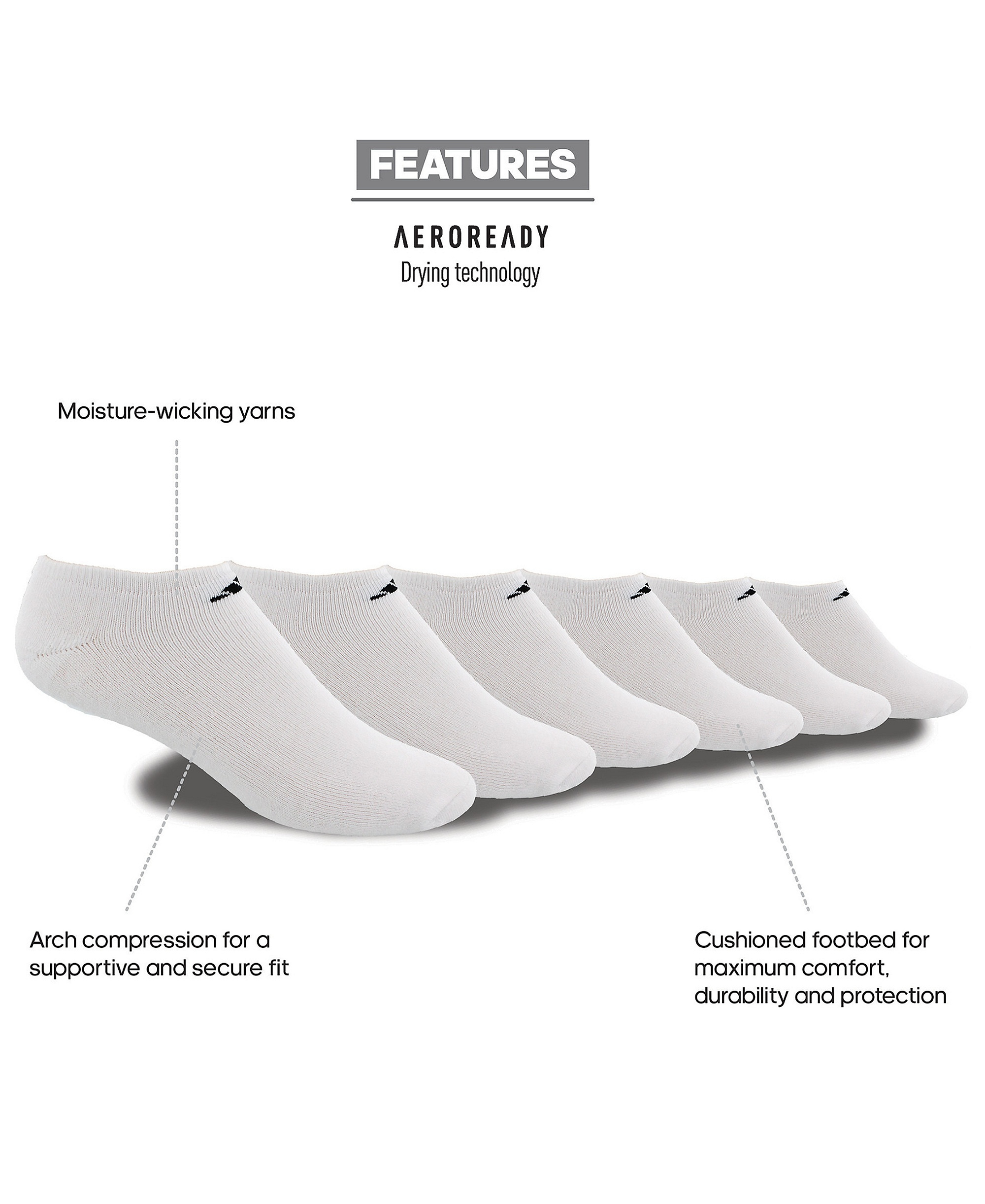 adidas Men's Cushioned Athletic 6-Pack No Show Socks - White