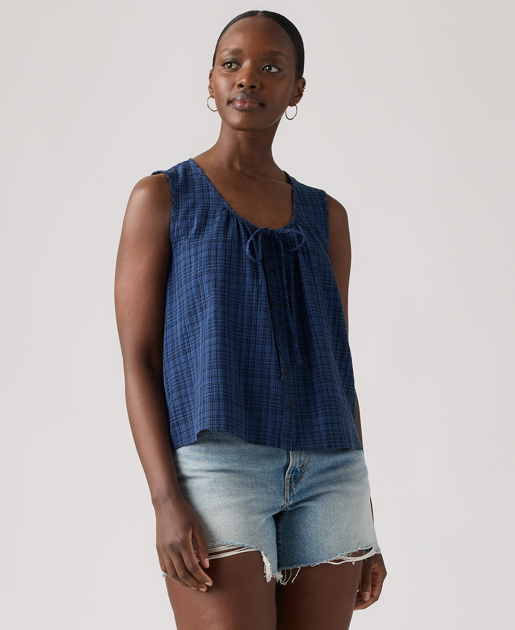 Levi's Women's Luella Sleeveless Tie-Neck Blouse - Busy Plaid True Navy