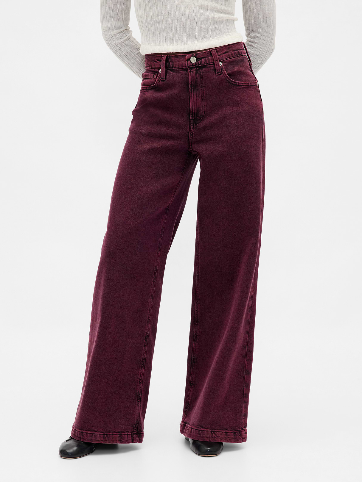 High Rise Stride Cuffed Wide-Leg Jeans - Red