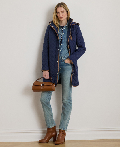 Lauren Ralph Lauren Womens Hooded Quilted Faux-Suede-Trim Coat - Summer navy