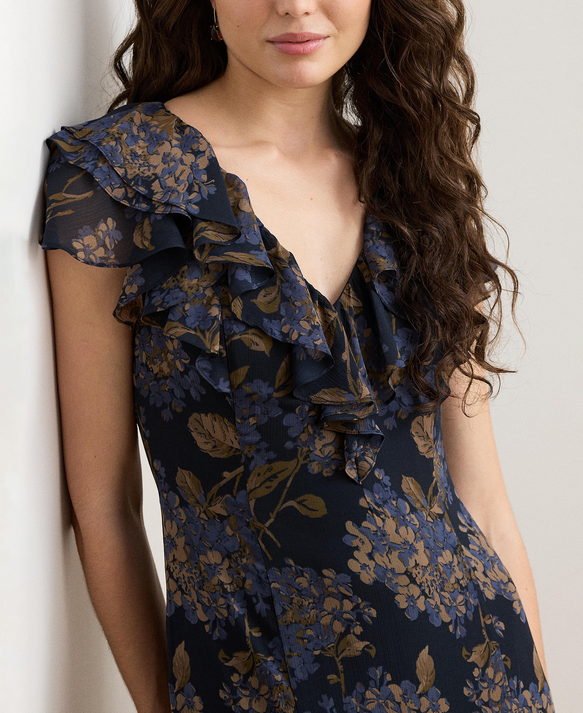 Lauren Ralph Lauren Women's Floral Ruffle-Trim Georgette Gown - Navy multi