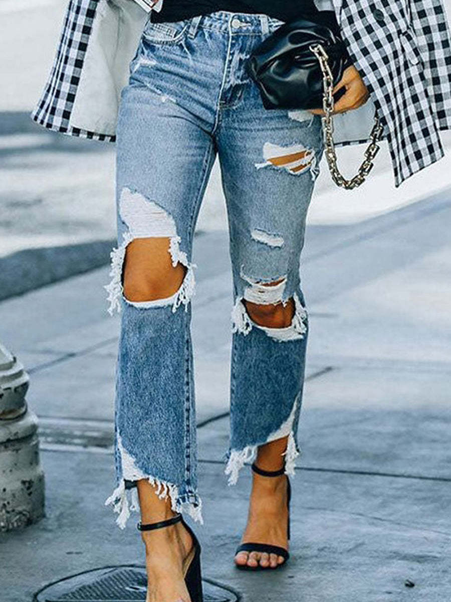 Autumn Ripped Jeans For Women European And American Personalized Knee-exposed Tight High Waist Trousers For Women