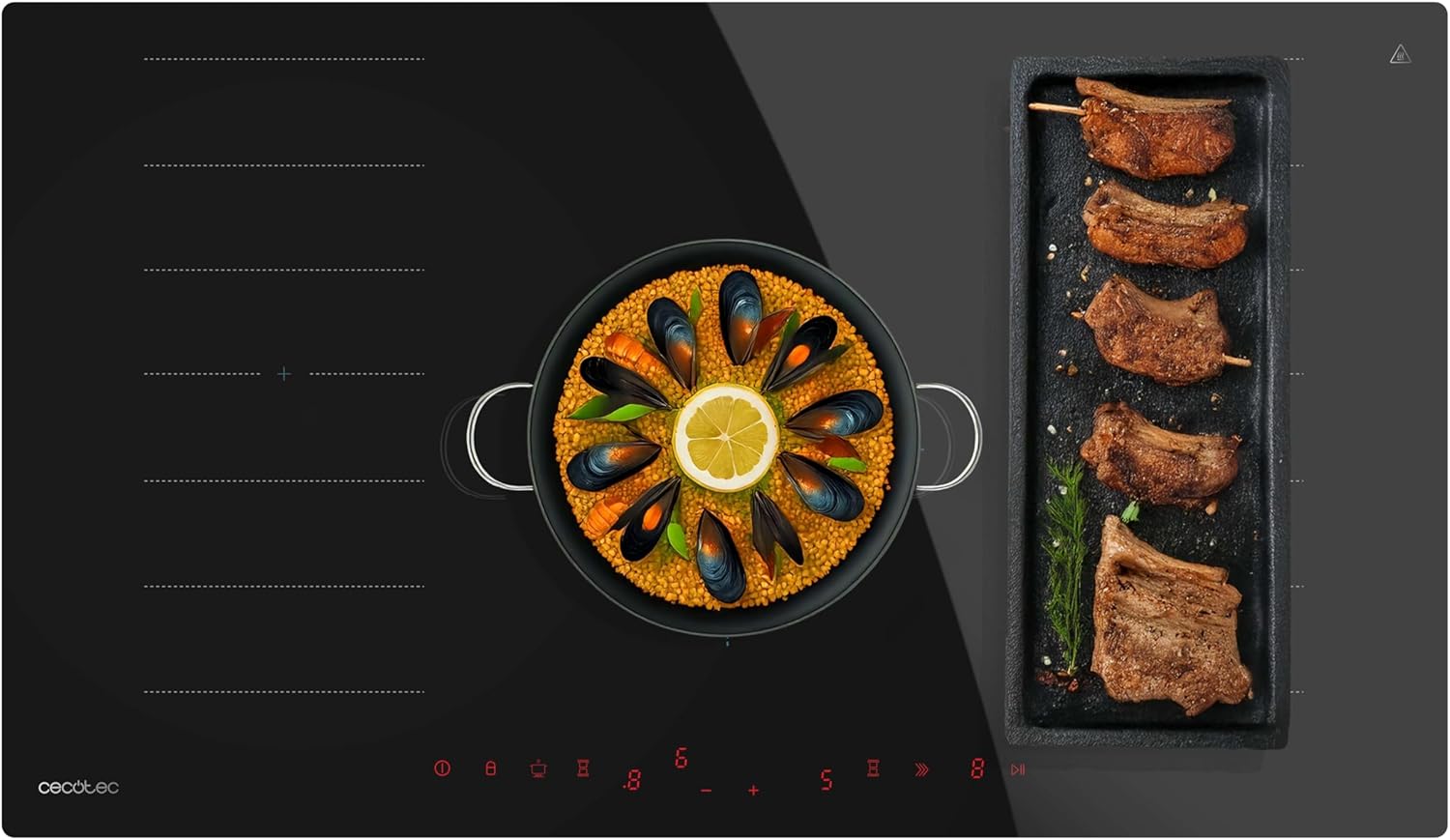 Cecotec Plaque à Induction 2 Zones Flex et 1 Feu Bolero Squad I 5600 FullFlex90. 10200W, 1 Zone 30cm, 9 Niveaux, Contrôle Tactile, Maintien au Chaud, Verrouillage Enfant, Minuterie, Largeur 90cm