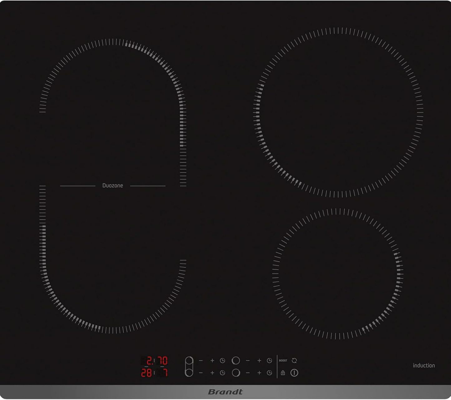 Table de cuisson induction BRANDT - 4 zones - L 58 x P51 cm - 3600 W - Revetement verre - Noir - CPI6400B