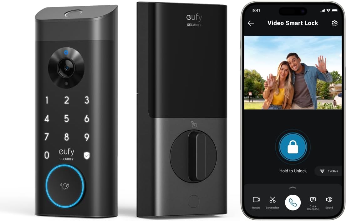eufy Security Verrou intelligent vidéo E330, caméra 3 en 1 + sonnette + serrure de porte d'entrée sans clé à empreintes digitales, serrure de porte WiFi, télécommande par application, HD 2K, caméra de