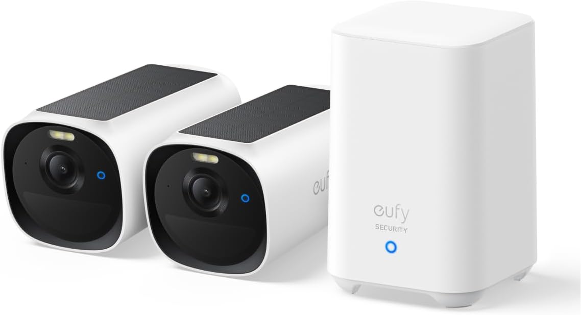eufy Security Kit de 2 caméras eufyCam E40 (HomeBase 2),caméras de sécurité solaires sans Fil pour l’extérieur, 2K avec Panneau Solaire intégré, Vision Nocturne MaxColor, Configuration 2+1.