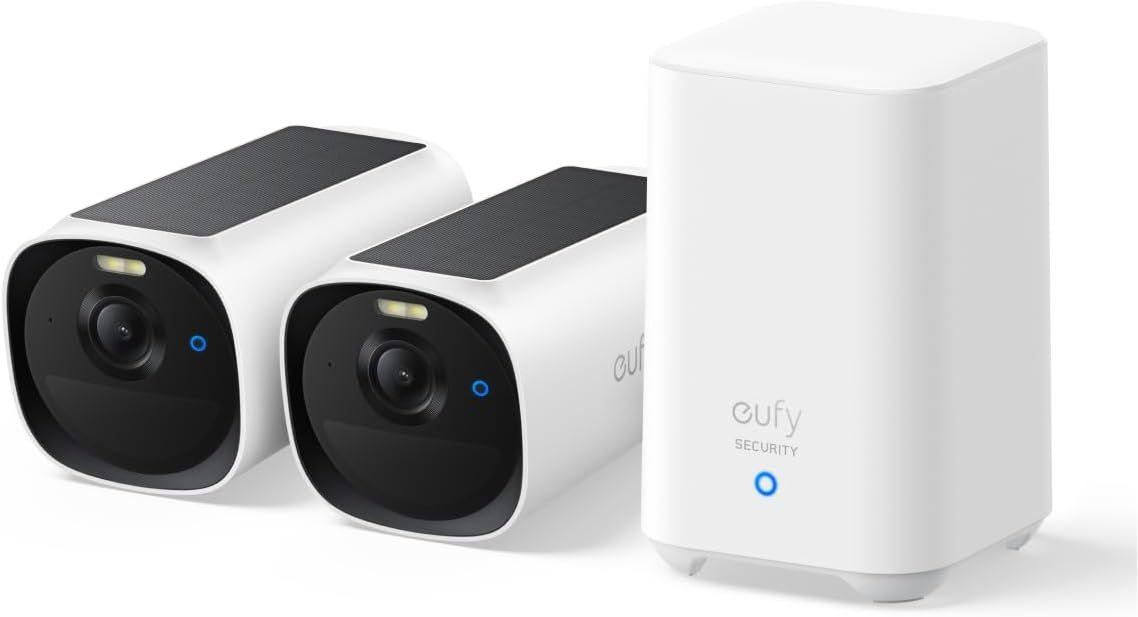 eufy Security Kit de 2 caméras eufyCam E40 (HomeBase 2),caméras de sécurité solaires sans Fil pour l’extérieur, 2K avec Panneau Solaire intégré, Vision Nocturne MaxColor, Configuration 2+1.