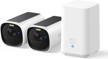 eufy Security Kit de 2 caméras eufyCam E40 (HomeBase 2),caméras de sécurité solaires sans Fil pour l’extérieur, 2K avec Panneau Solaire intégré, Vision Nocturne MaxColor, Configuration 2+1.