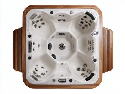 Bain à remous 4 personnes acrylique 200x200x90 cm - blanc/marron - design moderne