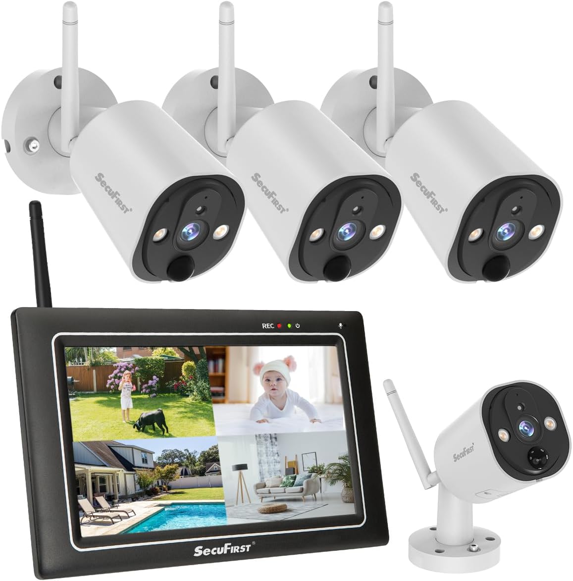 SecuFirst 2K Kit Camera Surveillance WiFi Exterieure sans Fil avec Moniteur, DVR Écran Tactile 7"+4X Caméra Babyphone Travailler sans Internet,AI Détecteur Mouvement,Sirène,64 Go SD,Interphone