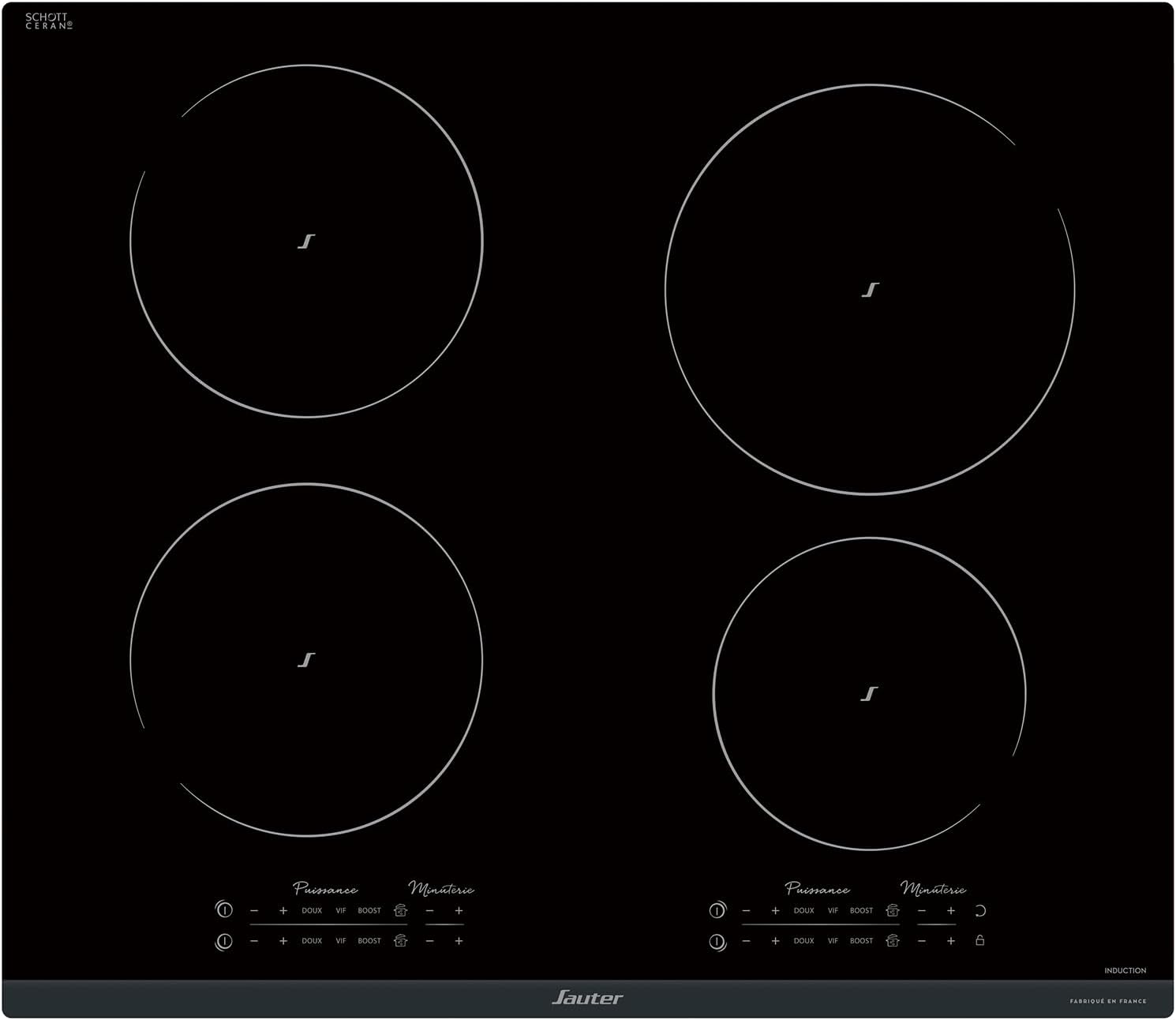 Sauter - SPI9643B - Plaque Induction - Table de Cuisson Encastrable - Noir - 4 Foyers - 7400W - Dimensions Encastrement : 56x49cm - 14 Niveaux de Puissance - Fabriqué en France