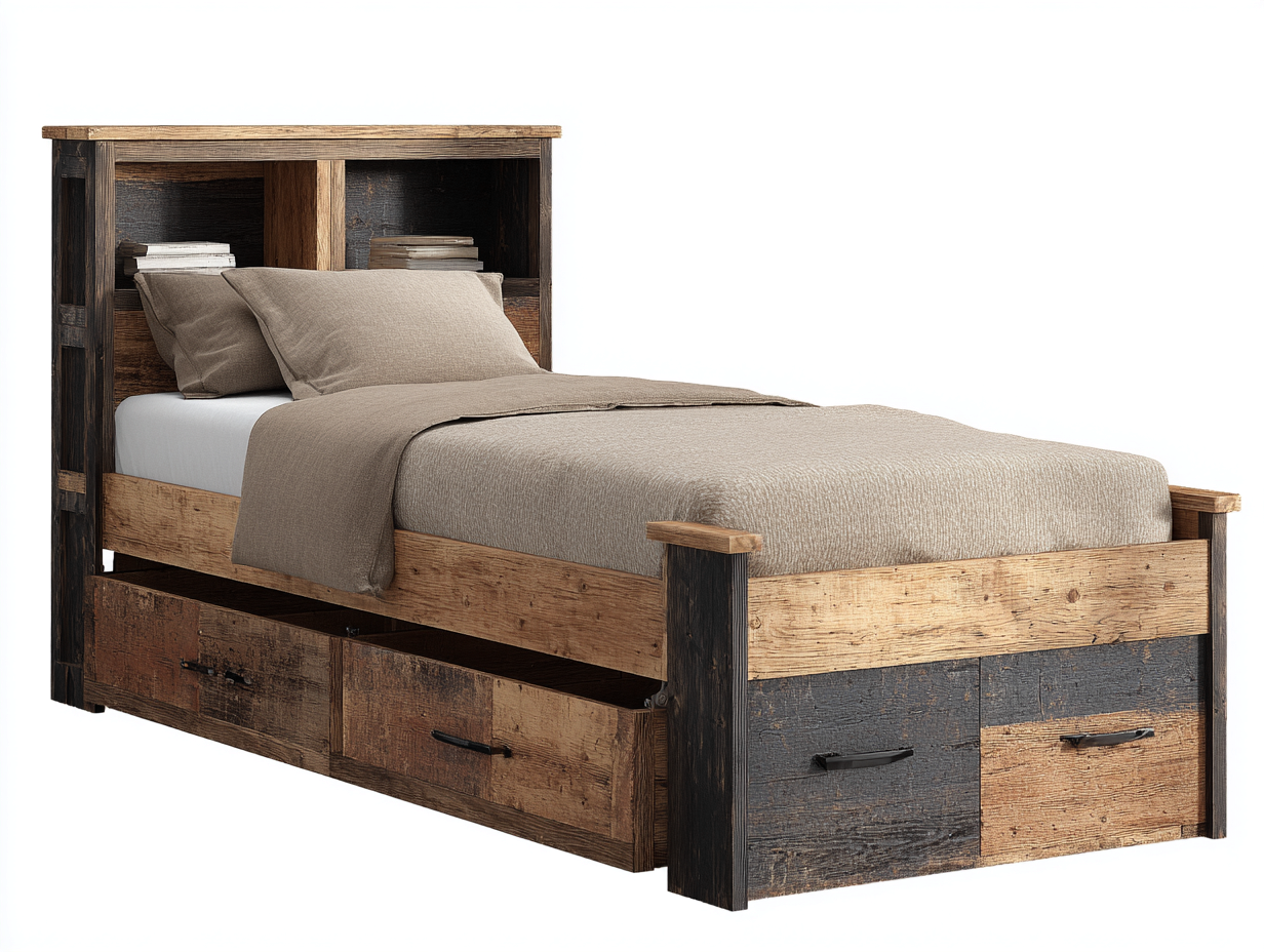 Lit simple bois rustique 200x100x115 cm - bois naturel/noir - avec 2 espaces de rangement