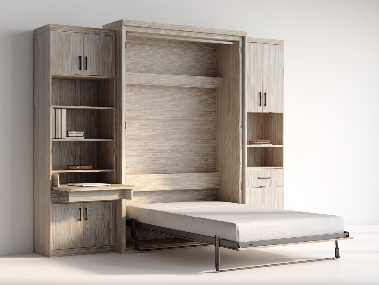 Lit escamotable bois 210x160x40 cm - chêne clair - avec rangements - design moderne