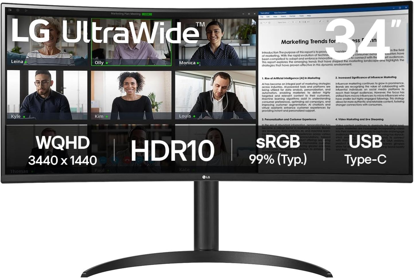 LG UltraWide 34WR55QK-B Ecran PC Ultra Large 34" - Dalle VA résolution QHD (3440 x 1440), 5ms GtG 100Hz, HDR 10, sRGB 90 pour cent (CIE1931), inclinable, réglable en Hauteur, Mode Portrait