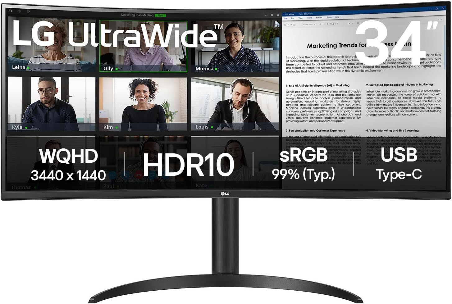 LG UltraWide 34WR55QK-B Ecran PC Ultra Large 34" - Dalle VA résolution QHD (3440 x 1440), 5ms GtG 100Hz, HDR 10, sRGB 90 pour cent (CIE1931), inclinable, réglable en Hauteur, Mode Portrait