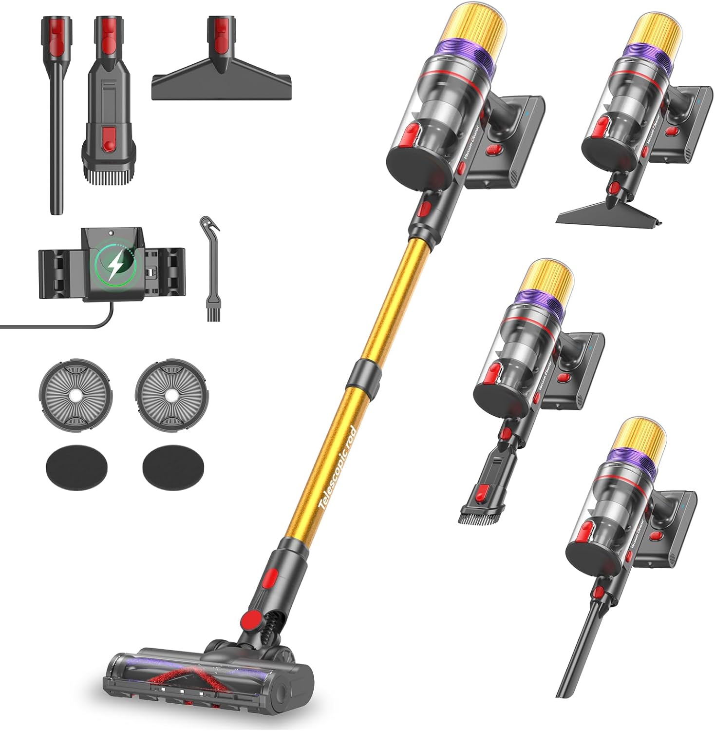 V16 Aspirateur Balai sans Fil 55Kpa/600W/80Mins, Aspirateur sans Fil Puissant, Écrans Tactiles LED, Mode Automatique, Brosse Anti-Emmêlement pour Tapis, Sols Durs et Poils d'animaux