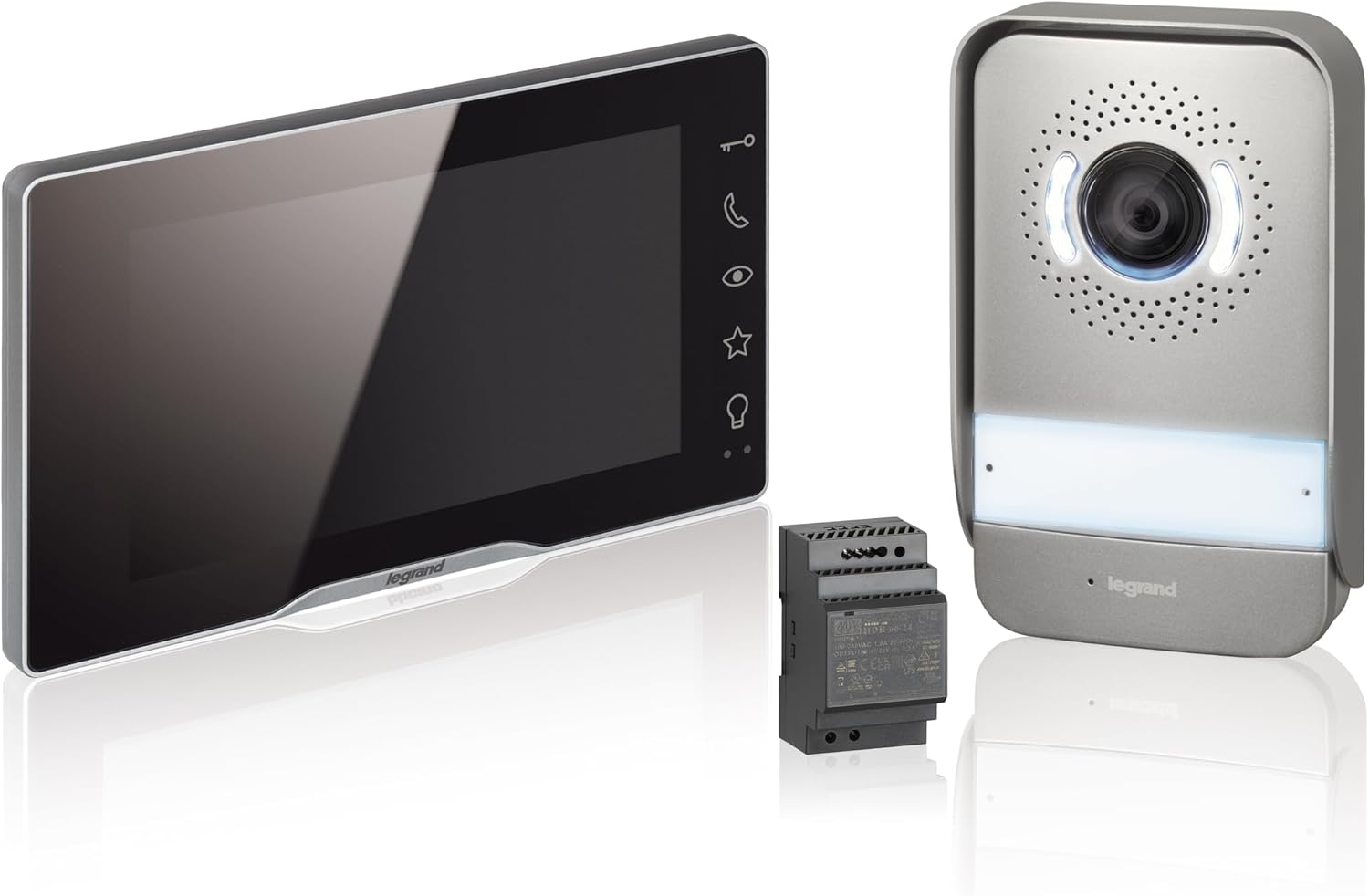 LEGRAND, Easykit Plus 368915 Kit d'interphone vidéo avec connecteur 2 fils, écran couleur miroir de 7" et caméra grand angle 1/2, kit de maison familiale, extensible, alimentation encastrée en ligne,