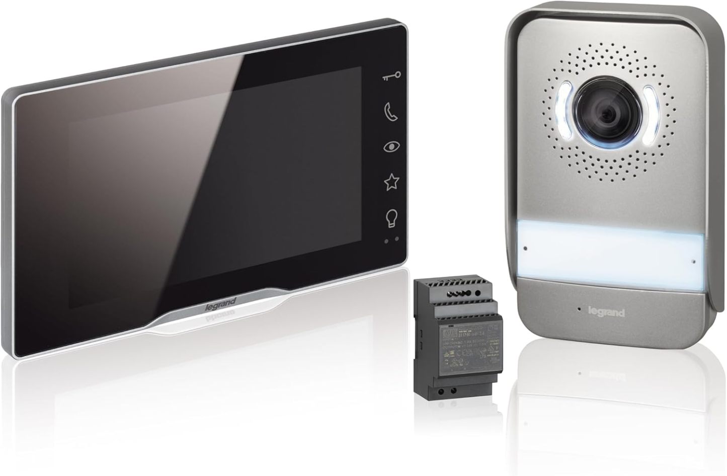 LEGRAND, Easykit Plus 368915 Kit d'interphone vidéo avec connecteur 2 fils, écran couleur miroir de 7" et caméra grand angle 1/2, kit de maison familiale, extensible, alimentation encastrée en ligne,