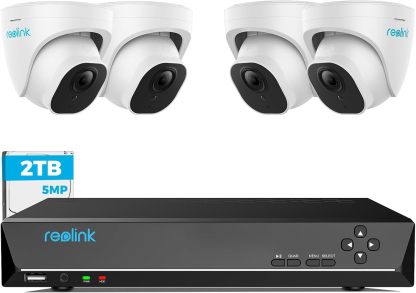 Reolink 5MP Caméra de Surveillance Extérieure, Kit Vidéo Surveillance avec 8CH 2To NVR et Caméra IP PoE Filaire 4X 5MP, Détection Personne/Véhicule, Vision Nocturne 30m avec Audio, RLK8-520D4-5MP
