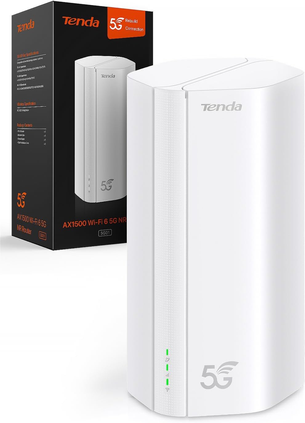 Tenda 5G01 Routeur 5G WiFi 6 1500Mbps - Modem 5G/4G LTE Double Bande, Slot Carte SIM Nano Débloqué, Plug et Play, Port Gigabit WAN/LAN, 6 Antennes Internes, Mesh Wi-FI+, Routeur 5G NR Entrée de Gamme
