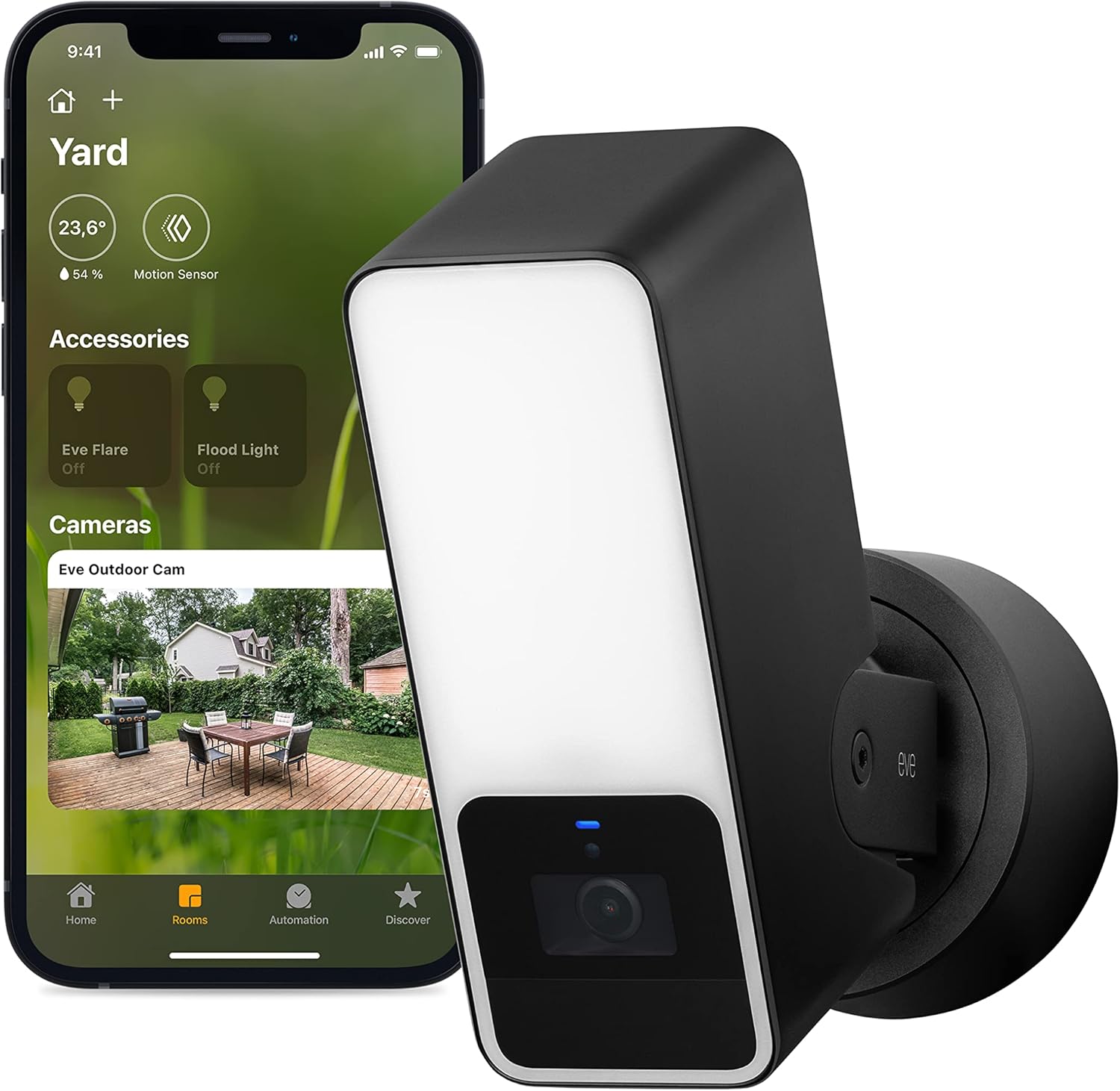 Eve Outdoor Cam – caméra projecteur sécurisée, sécurité et confidentialité maximales (HomeKit Secure Video), 1080p, vision nocturne, Wi-Fi (2,4 GHz), détecteur de mouvement
