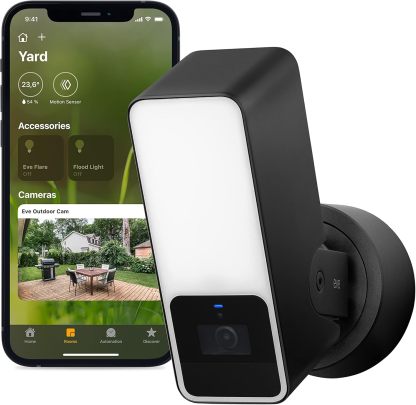 Eve Outdoor Cam – caméra projecteur sécurisée, sécurité et confidentialité maximales (HomeKit Secure Video), 1080p, vision nocturne, Wi-Fi (2,4 GHz), détecteur de mouvement