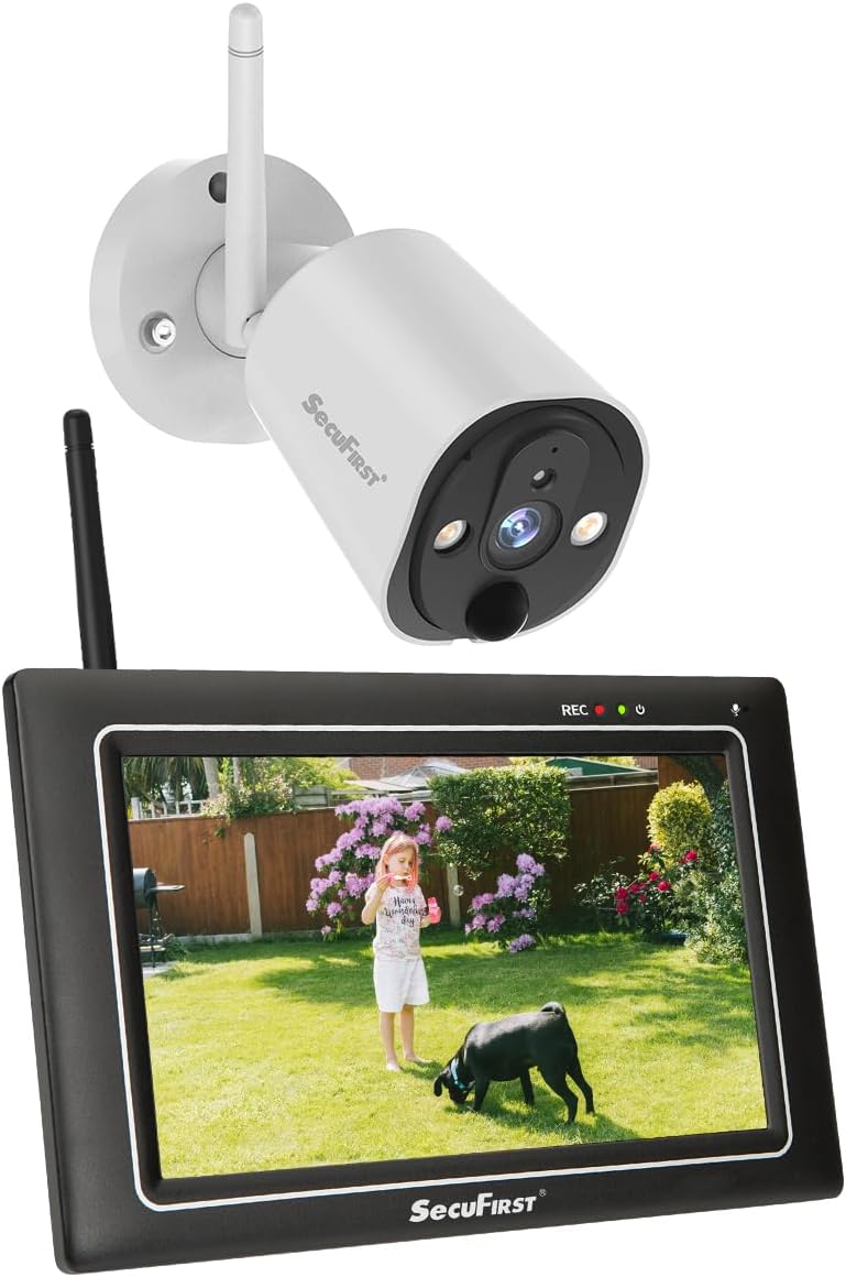 SecuFirst Kit 2K Caméra de Surveillance Extérieure sans Fil avec Moniteur intérieur,Écran Tactile 7",Vidéo Babyphone Camera,Travailler sans WiFi,Détecteur de Mouvement, Carte SD 64 Go, Interphone