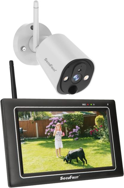 SecuFirst Kit 2K Caméra de Surveillance Extérieure sans Fil avec Moniteur intérieur,Écran Tactile 7",Vidéo Babyphone Camera,Travailler sans WiFi,Détecteur de Mouvement, Carte SD 64 Go, Interphone