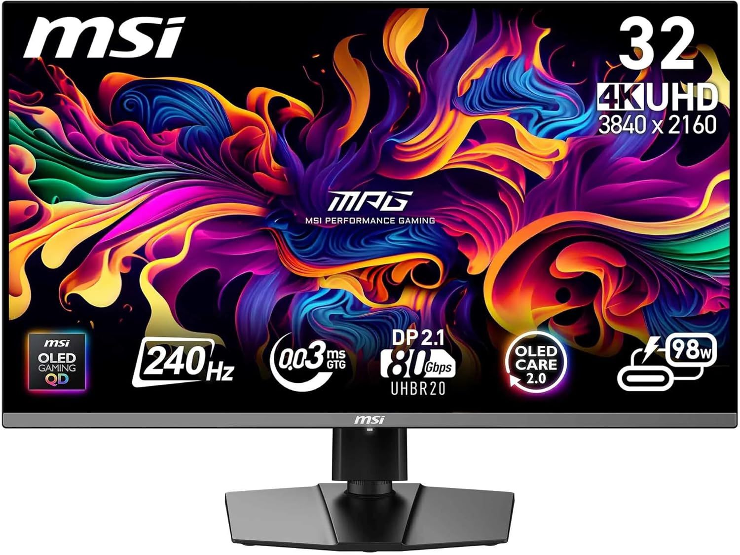 MSI MPG 322URX QD-OLED écran Gaming 31.5 Pouces 4K UHD - Dalle Quantum Dot OLED 3840 x 2160, 240Hz / 0.03ms, DisplayHDR True Black 400, G-Sync, HDMI 2.1, DP 2.1a, USB-C (98 W PD), Hauteur réglable