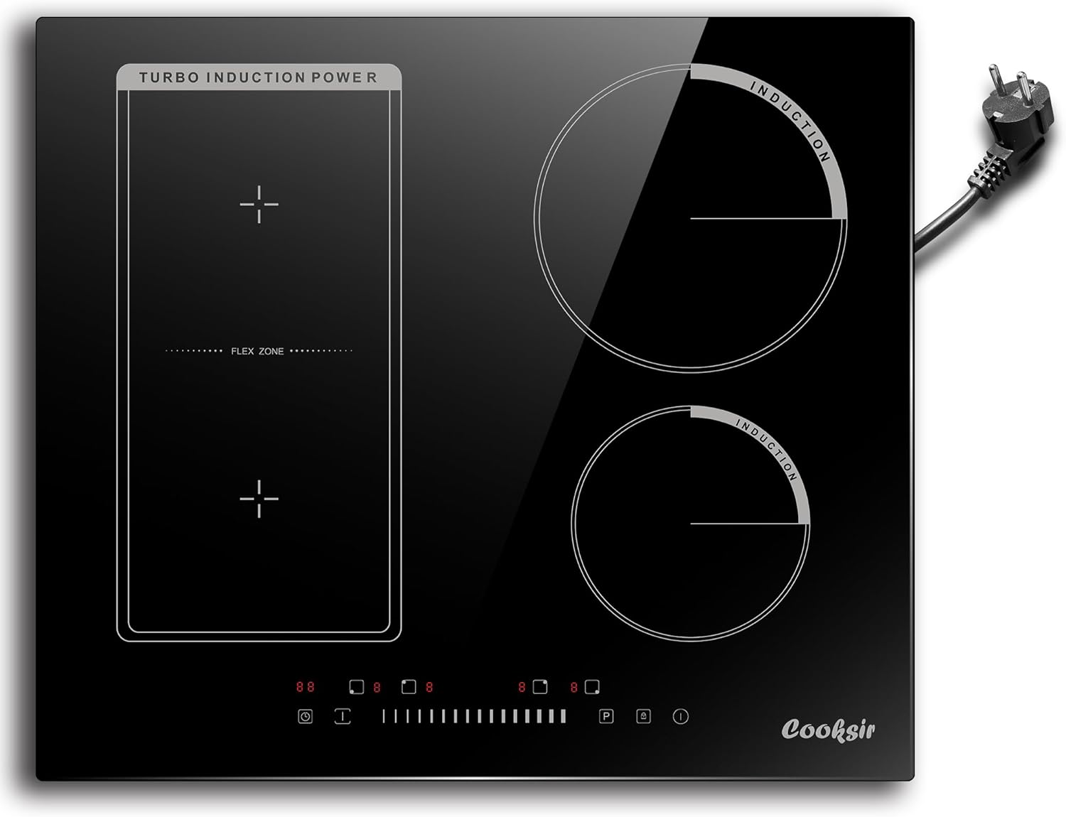 Plaque Induction 4 Feux avec Prise, Table de Cuisson Induction Encastrable 60cm, Plaque Electrique 4 Feux 3500W, Zone Combinée pour le Gril, Commande Tactile à Curseur, 220V